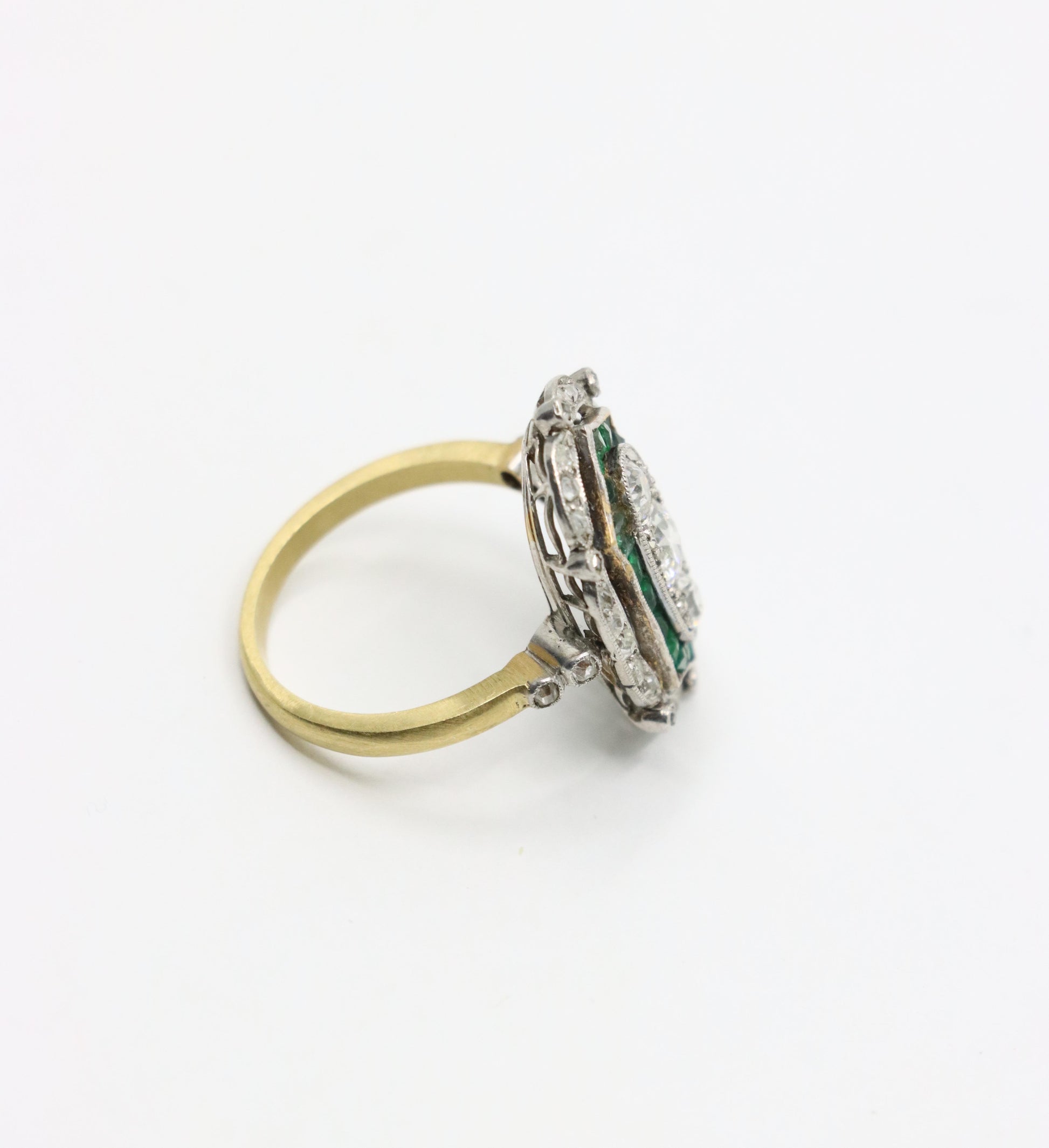 Art Deco 18K Gold & Platinum Diamond Emerald Ring