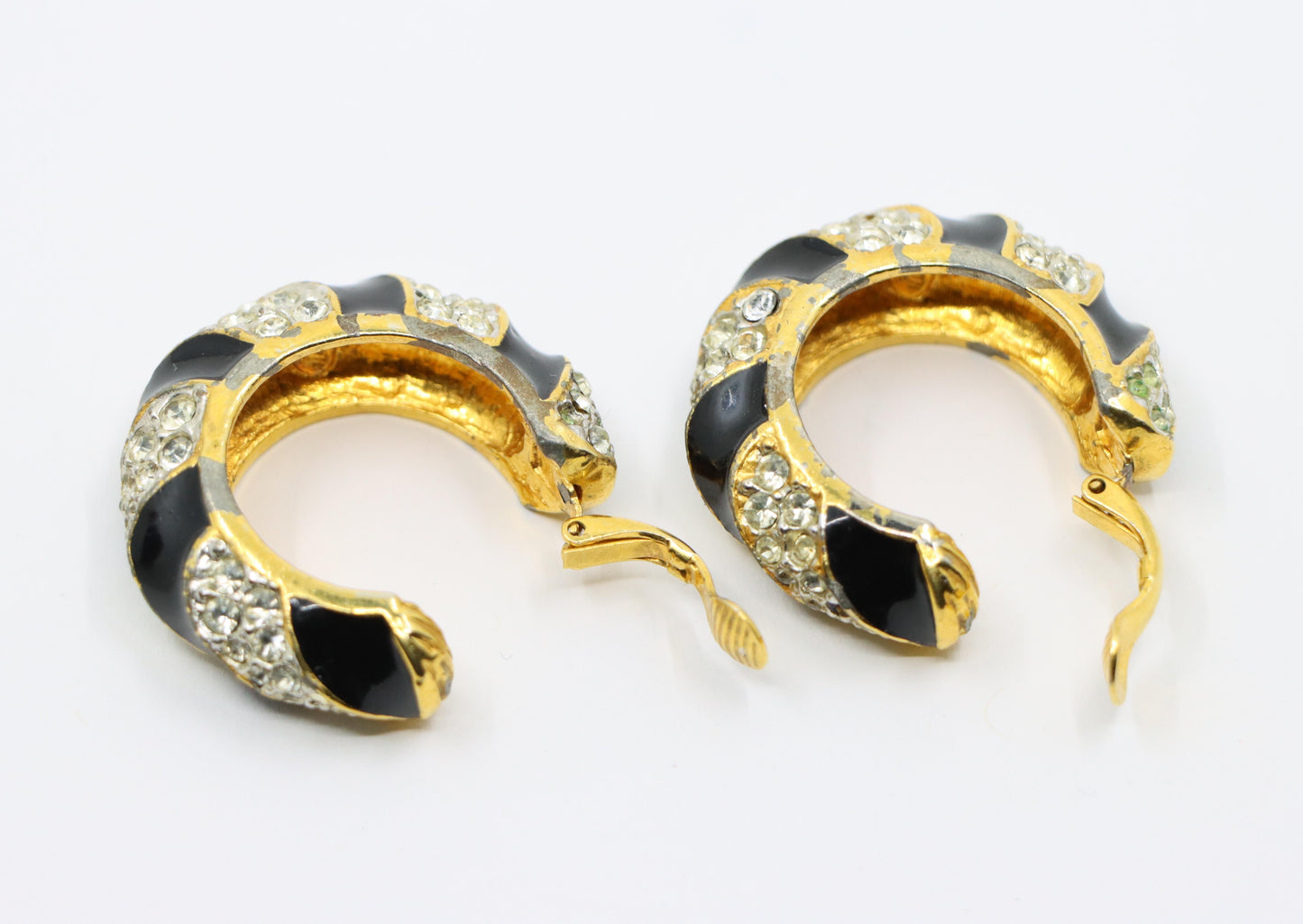 Kenneth Jay Lane KJL Black Enamel Rhinestone Hoop Earrings