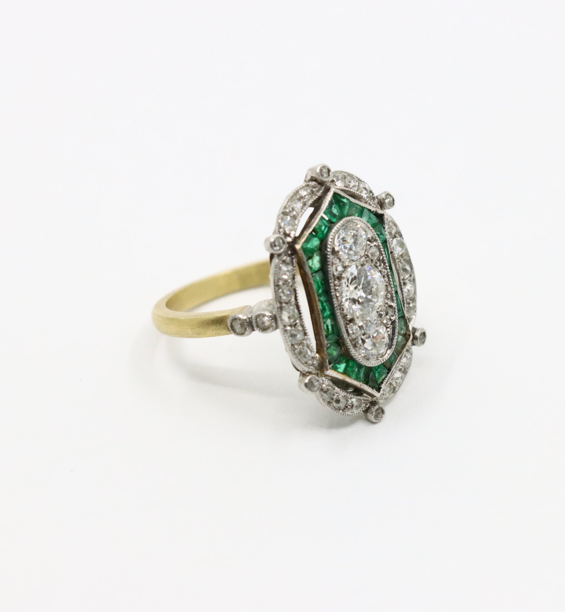 Art Deco 18K Gold & Platinum Diamond Emerald Ring