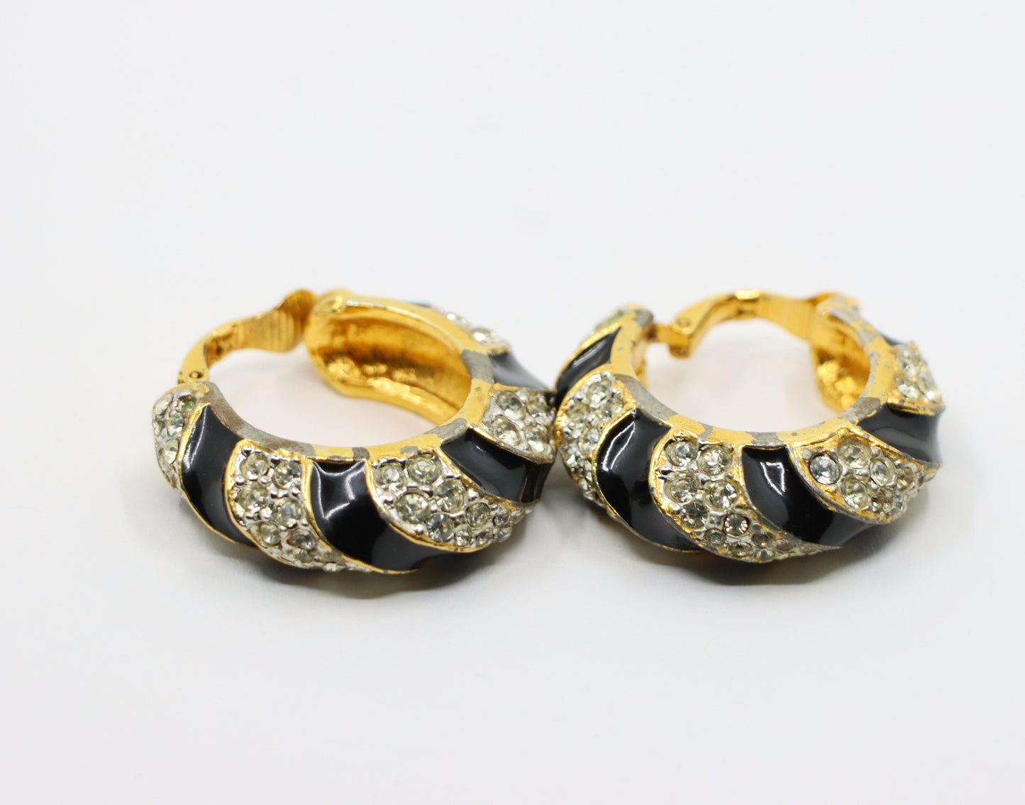 Kenneth Jay Lane KJL Black Enamel Rhinestone Hoop Earrings