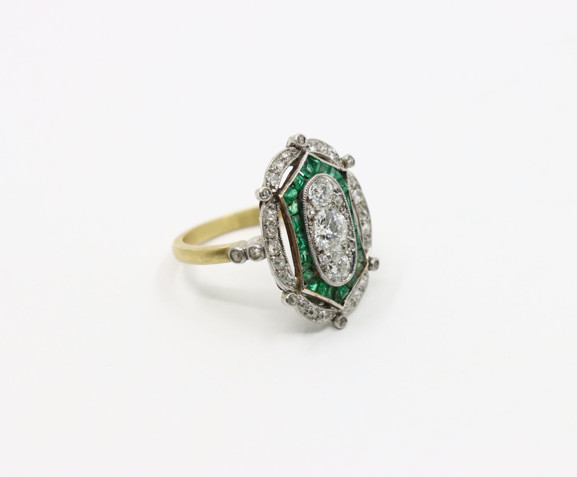 Art Deco 18K Gold & Platinum Diamond Emerald Ring
