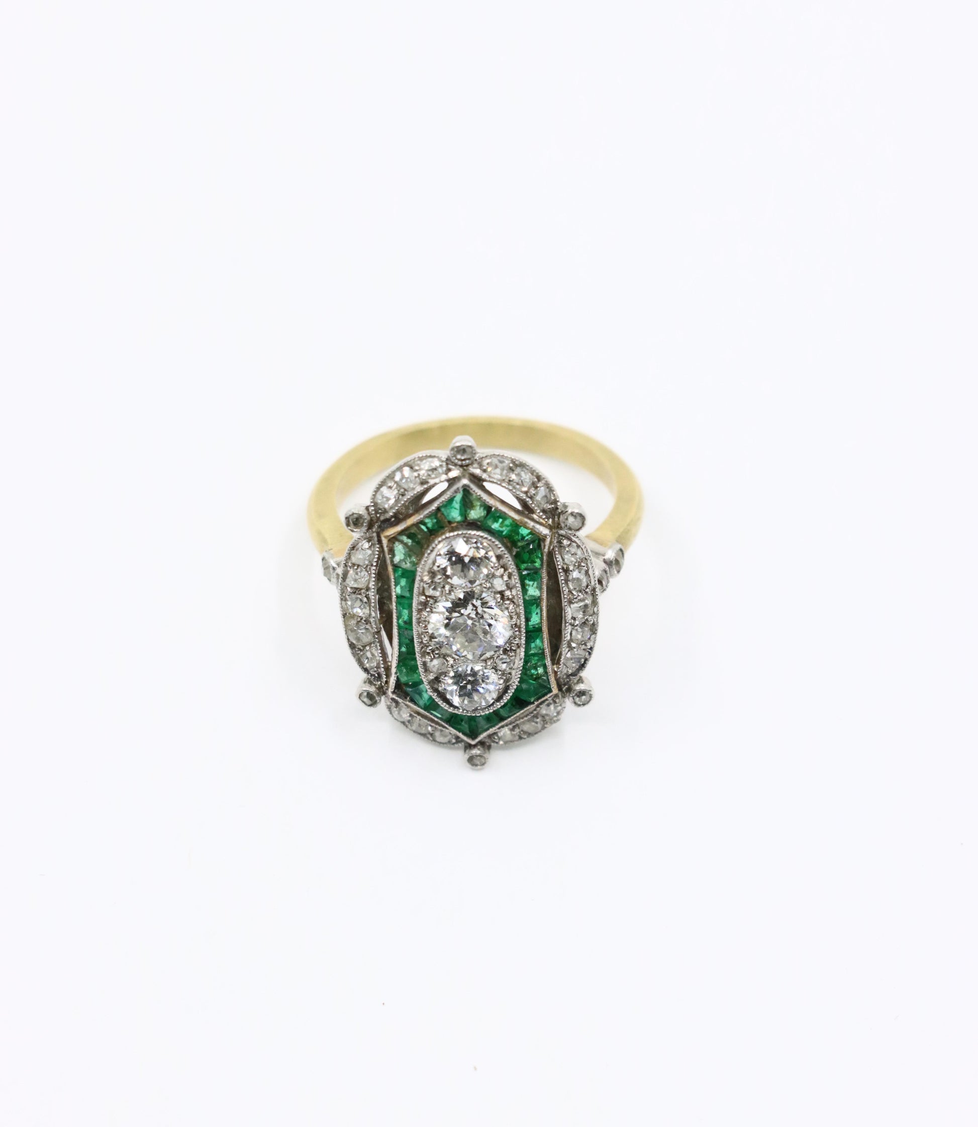 Art Deco 18K Gold & Platinum Diamond Emerald Ring