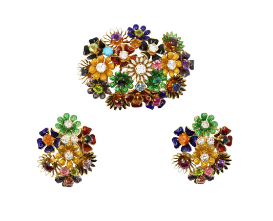 18K Gold Muti-Gem Enamel Flower Brooch & Earring