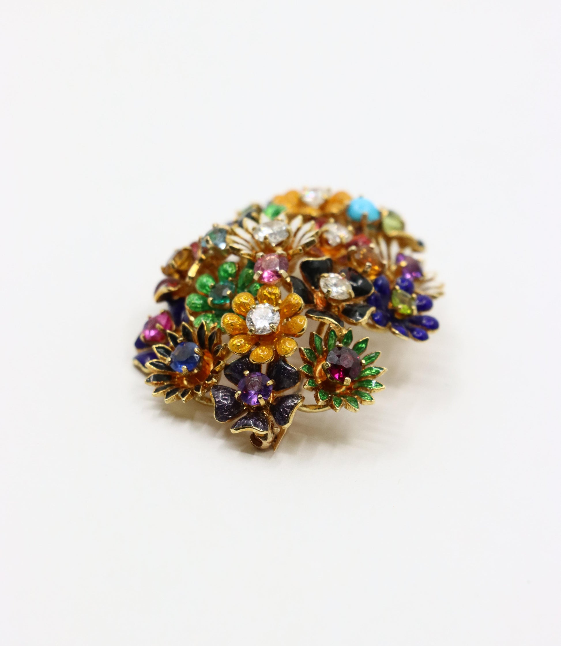 18K Gold Muti-Gem Enamel Flower Brooch & Earring