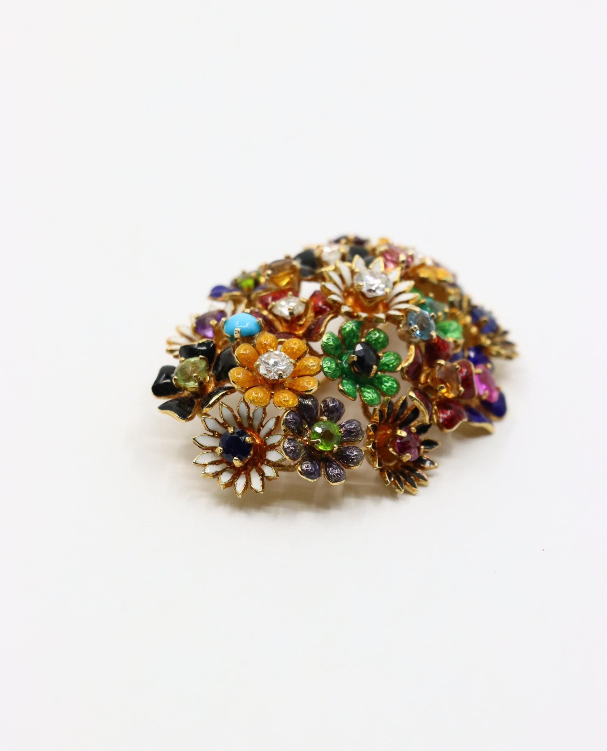 18K Gold Muti-Gem Enamel Flower Brooch & Earring