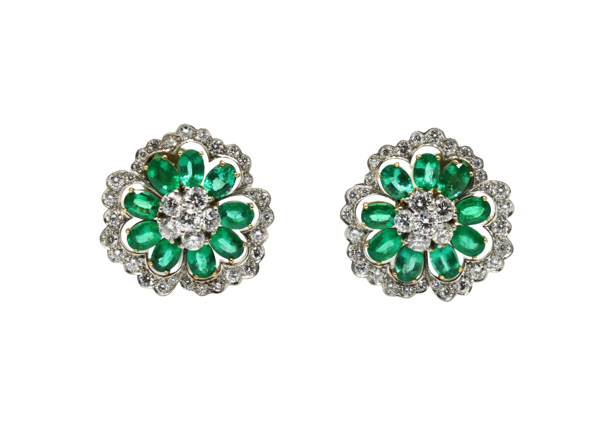 Van Cleef & Arpels 18K Gold & Platinum Diamond Emerald Flower Earrings