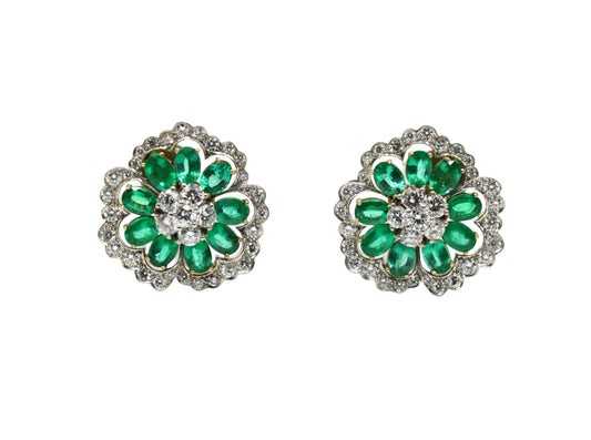 Van Cleef & Arpels 18K Gold & Platinum Diamond Emerald Flower Earrings