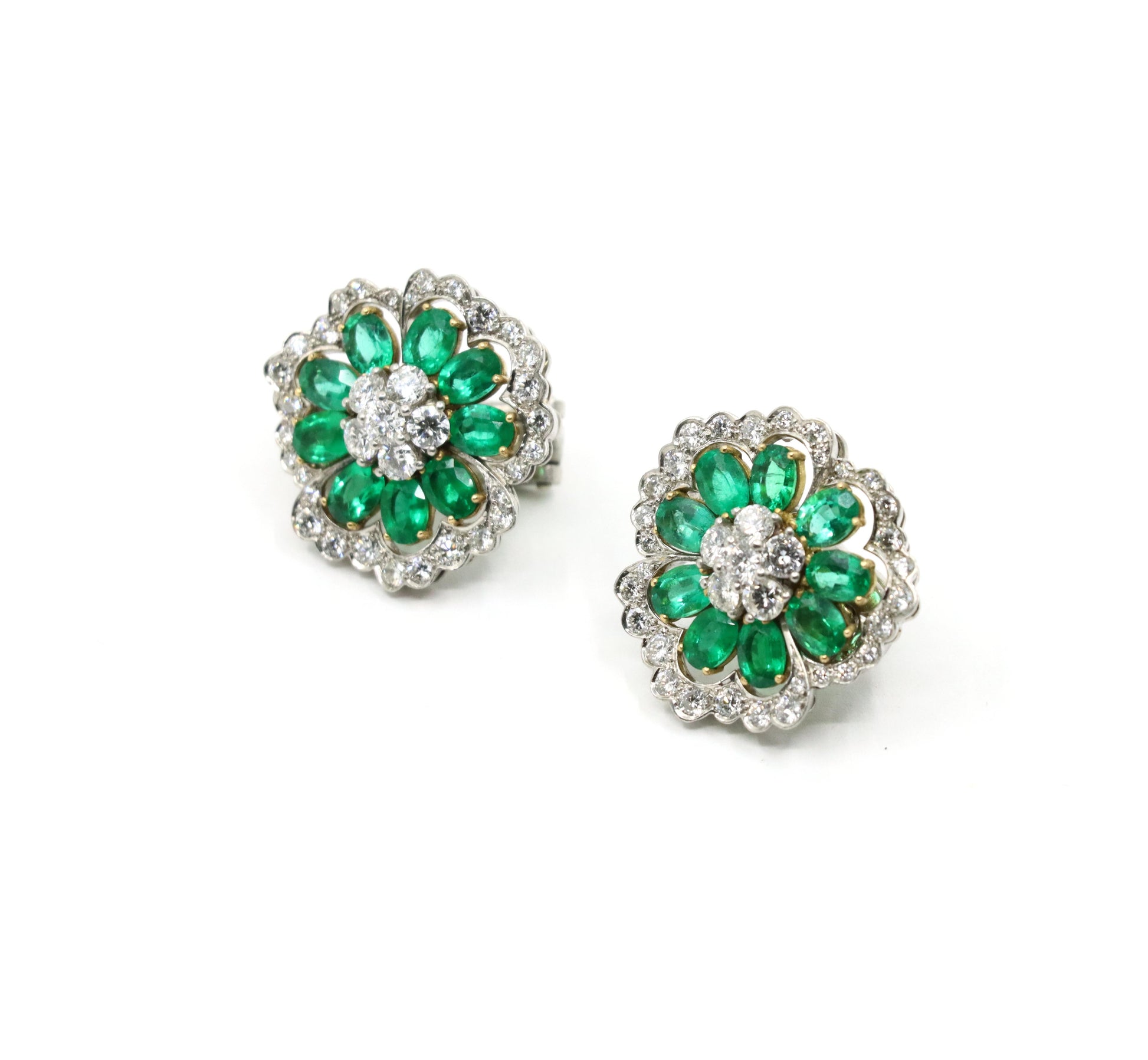 Van Cleef & Arpels 18K Gold & Platinum Diamond Emerald Flower Earrings