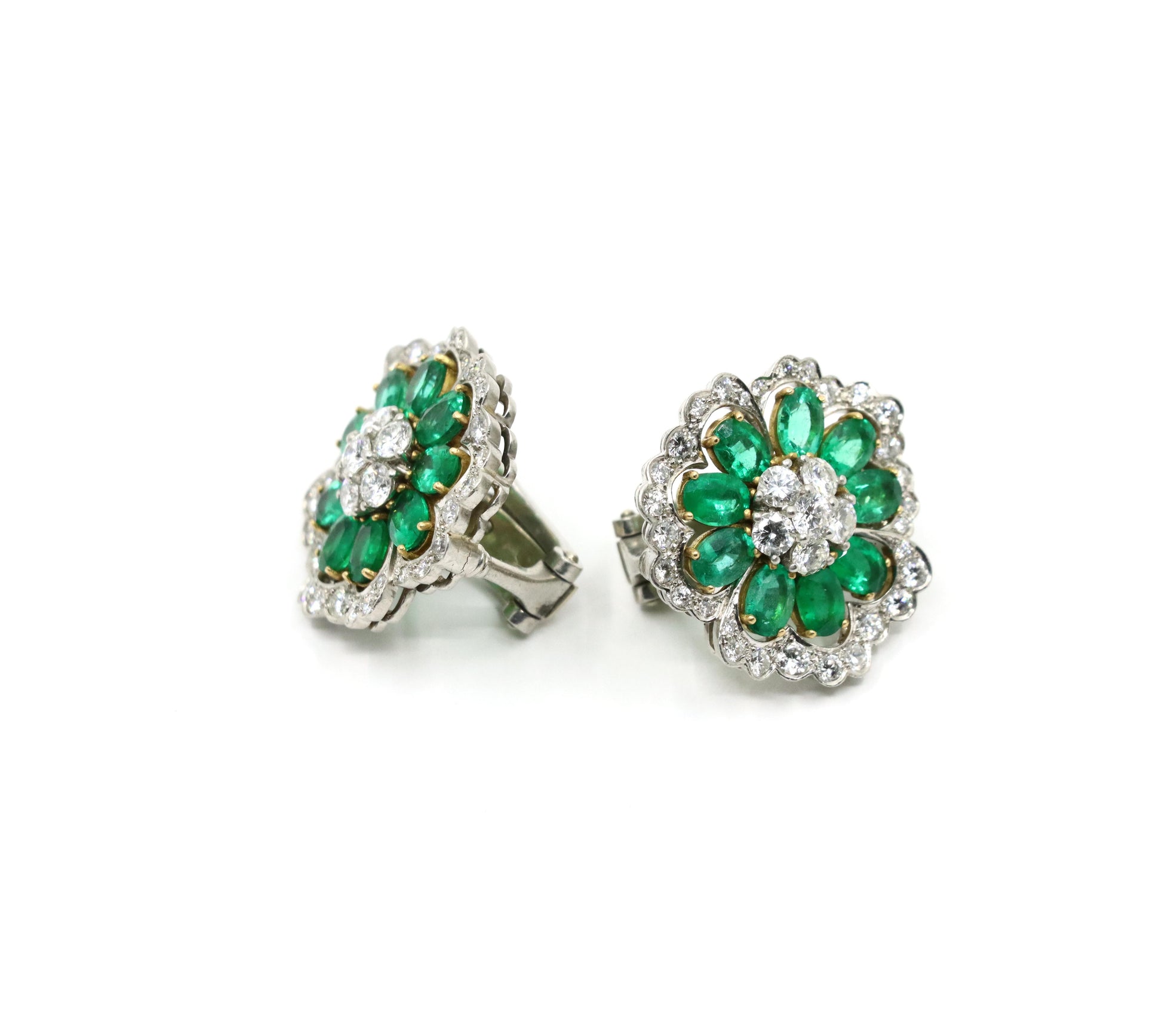 Van Cleef & Arpels 18K Gold & Platinum Diamond Emerald Flower Earrings