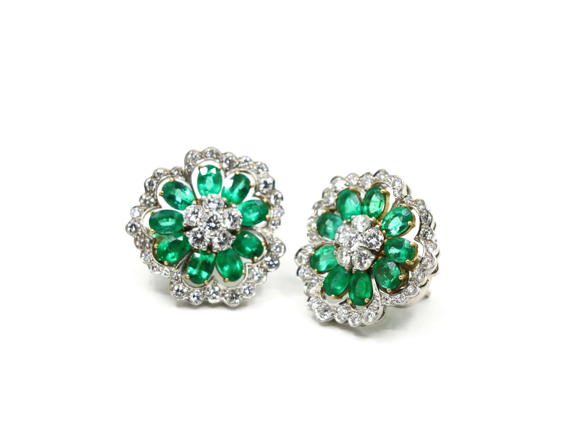 Van Cleef & Arpels 18K Gold & Platinum Diamond Emerald Flower Earrings