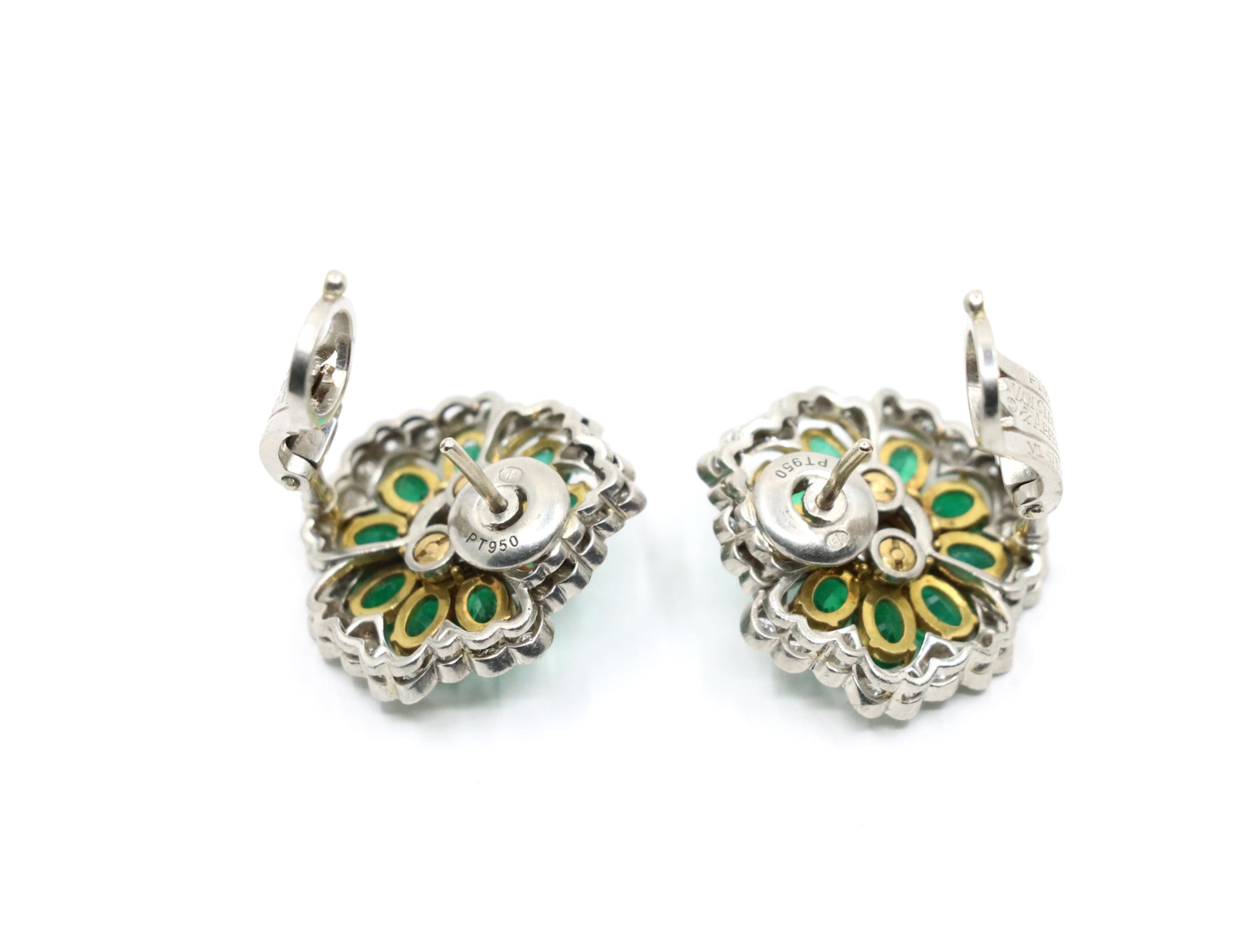 Van Cleef & Arpels 18K Gold & Platinum Diamond Emerald Flower Earrings