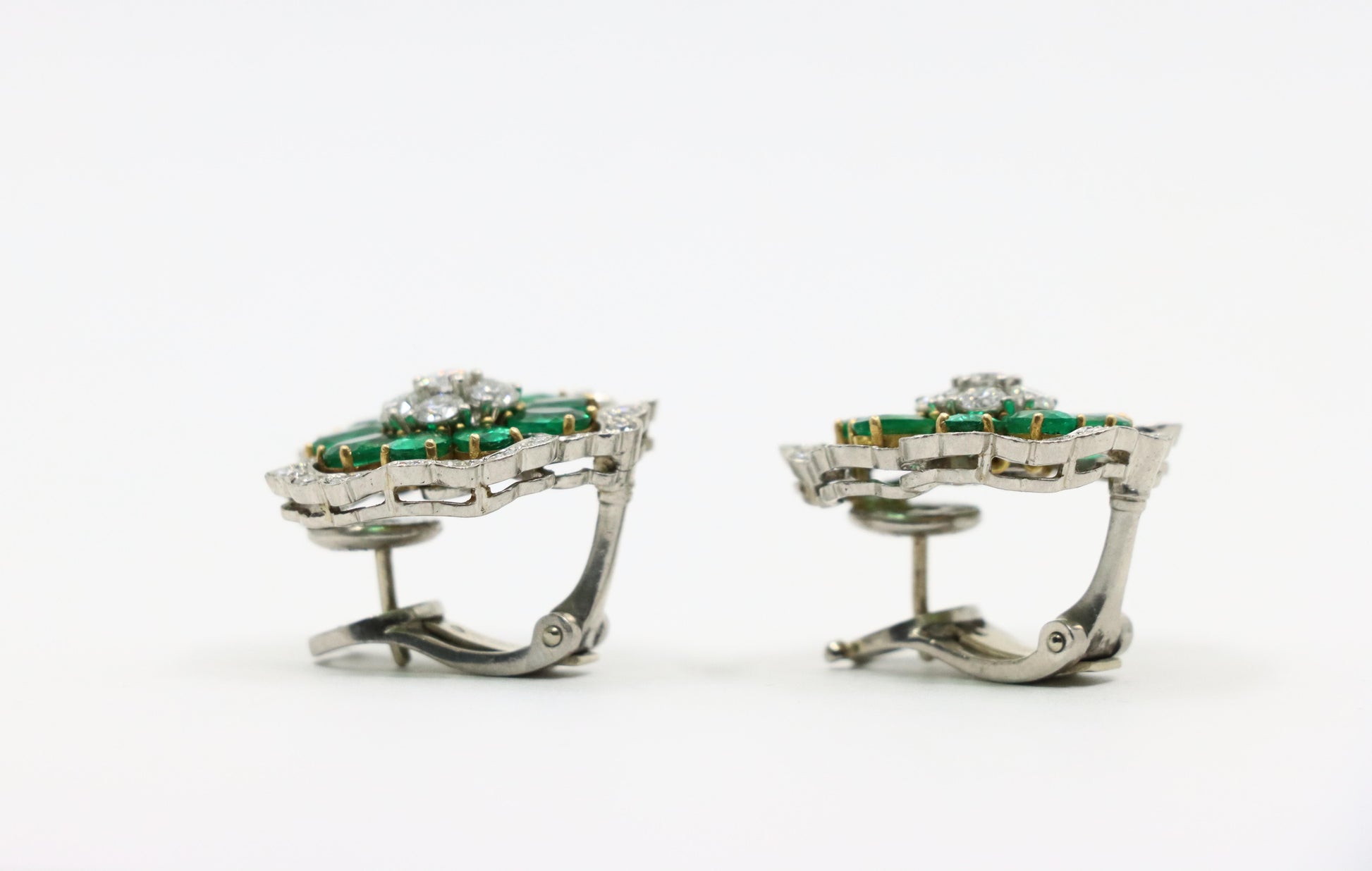 Van Cleef & Arpels 18K Gold & Platinum Diamond Emerald Flower Earrings