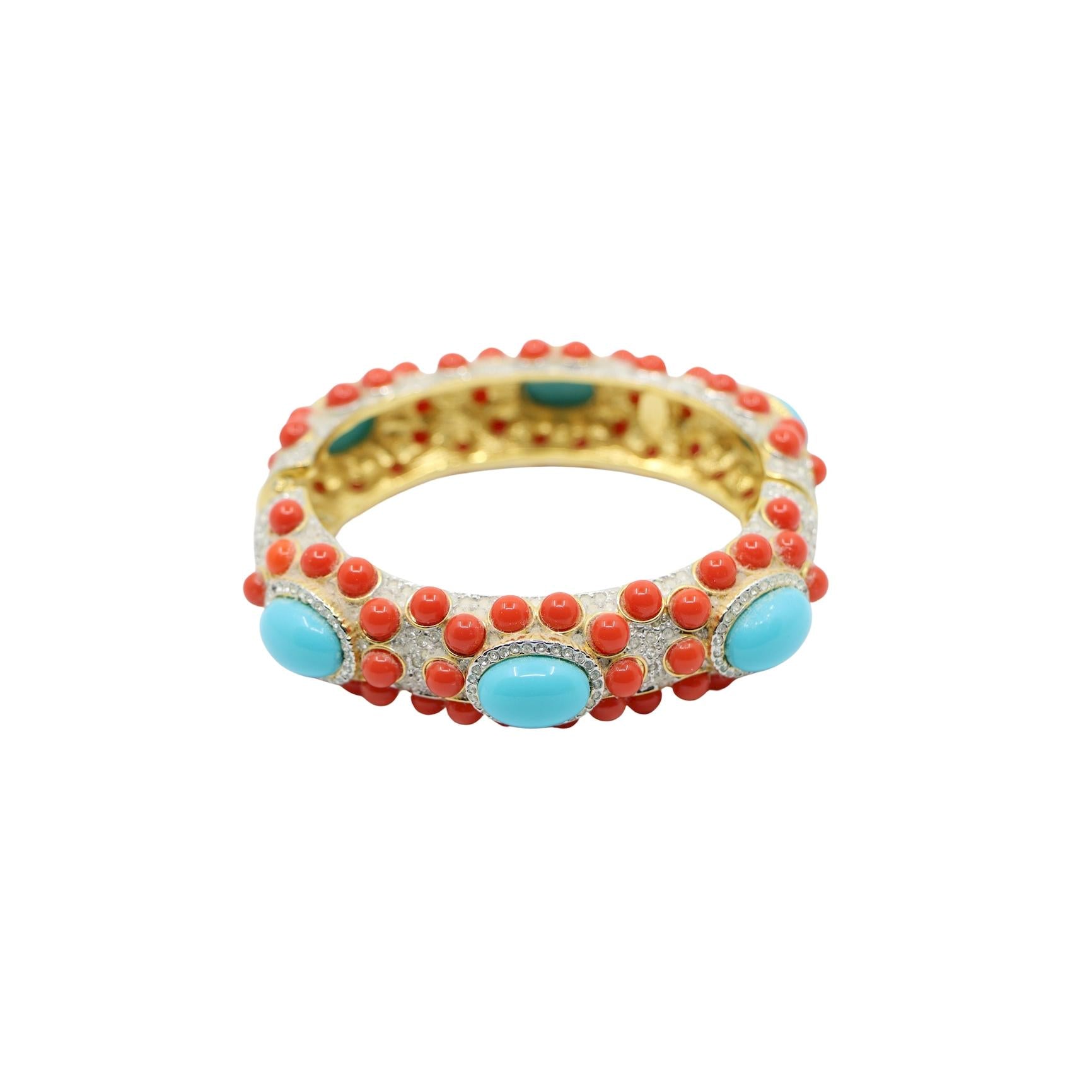 Kenneth Jay Lane K.J.L Gold Tone Rhinestone Coral & Turquoise - Like Bracelet