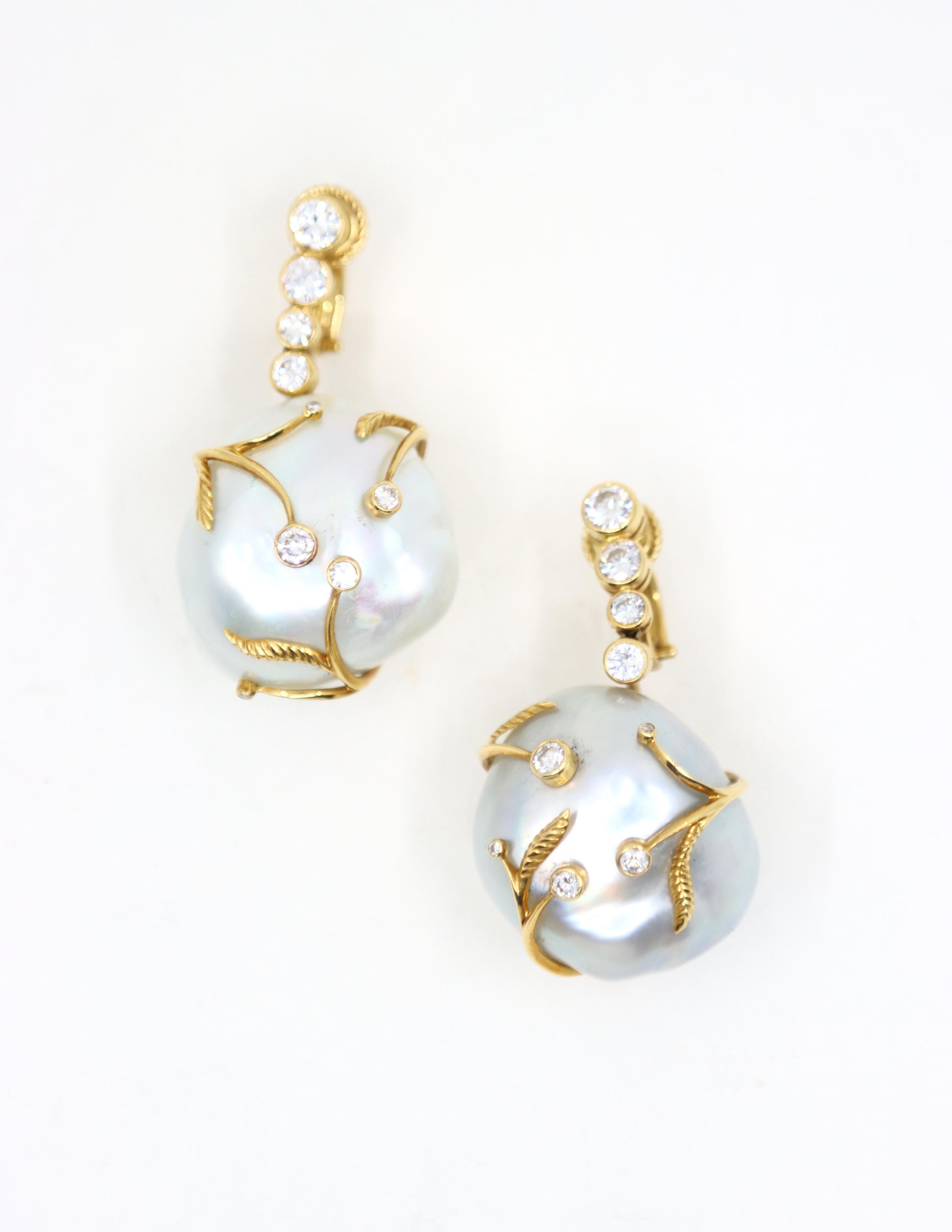 Harry Winston 18K Gold Large Baroque Pearl Diamond Earrings