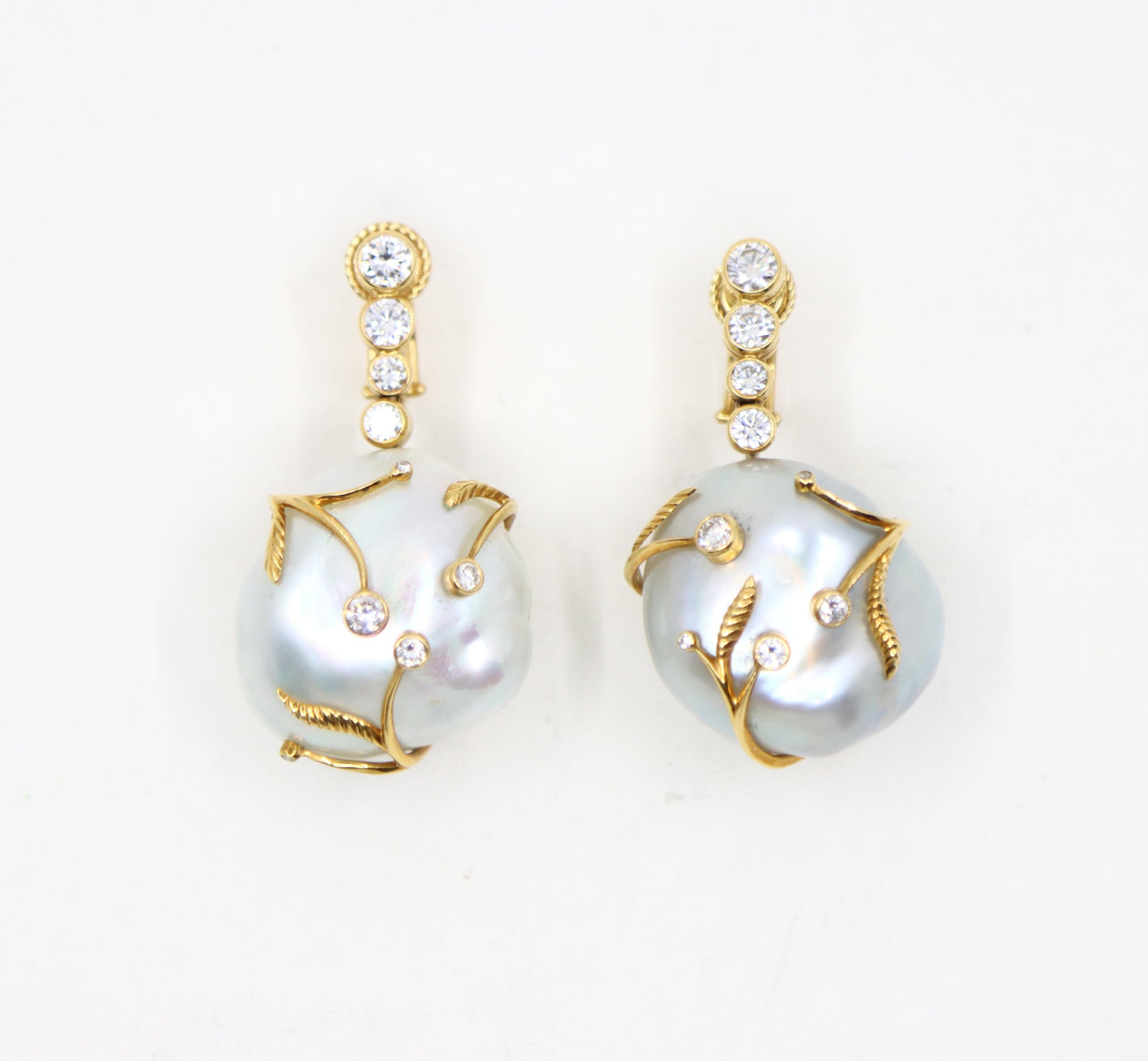 Harry Winston 18K Gold Large Baroque Pearl Diamond Earrings