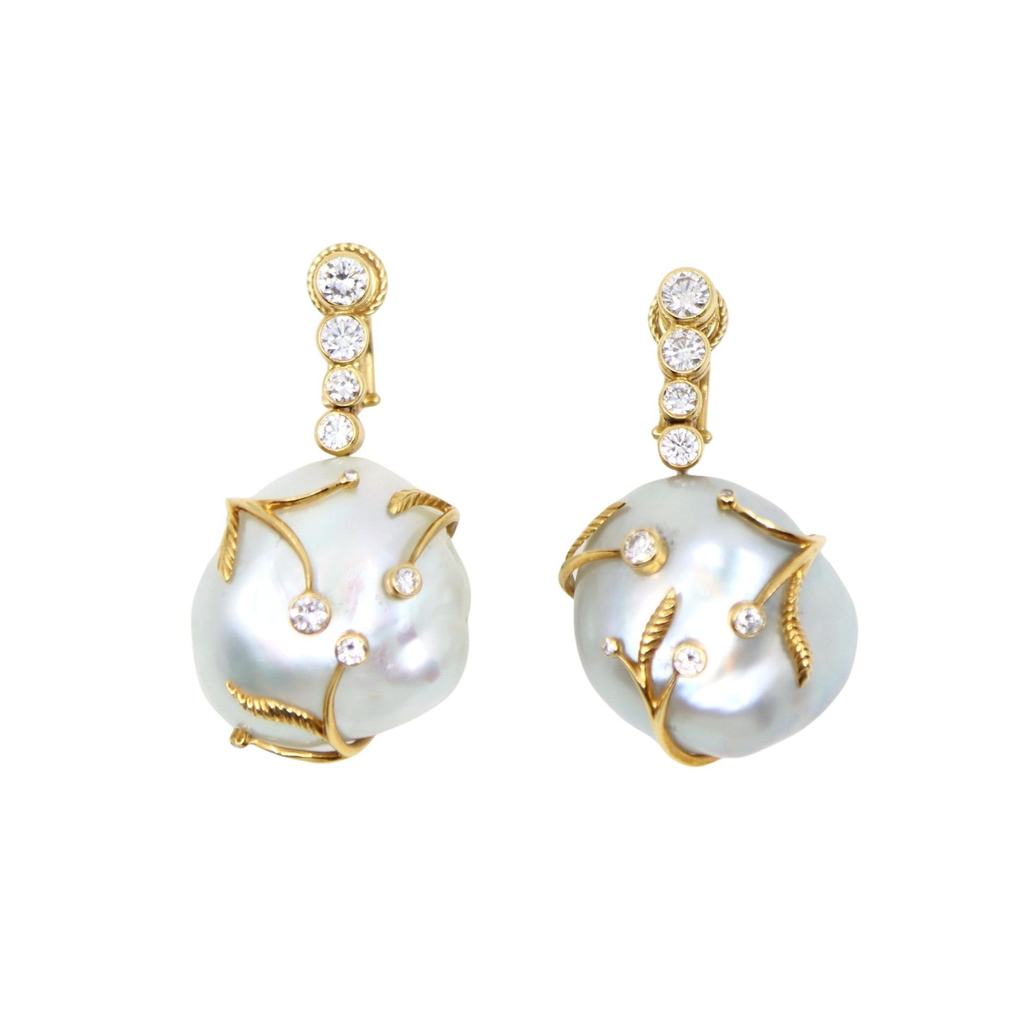 Harry Winston 18K Gold Large Baroque Pearl Diamond Earrings