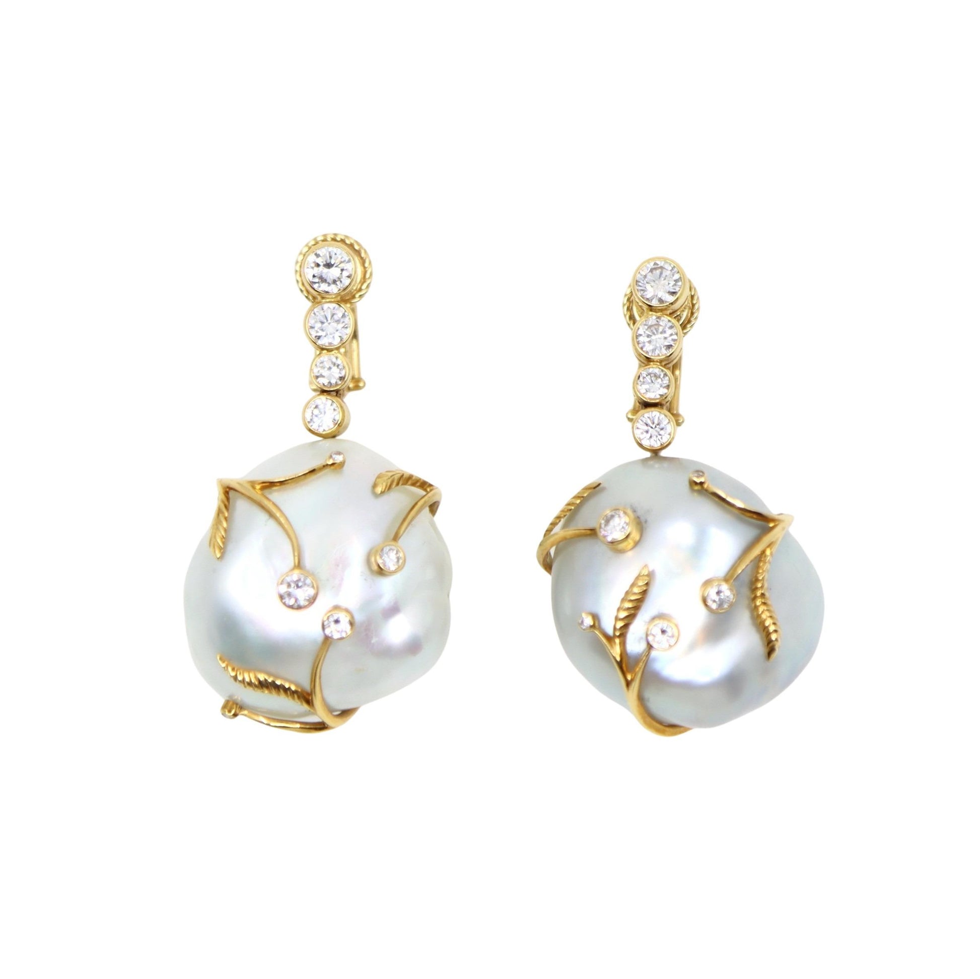 Harry Winston 18K Gold Large Baroque Pearl Diamond Earrings