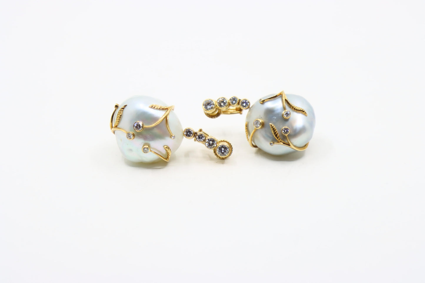 Harry Winston 18K Gold Large Baroque Pearl Diamond Earrings