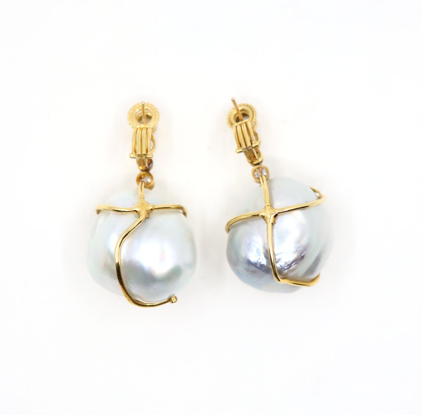 Harry Winston 18K Gold Large Baroque Pearl Diamond Earrings