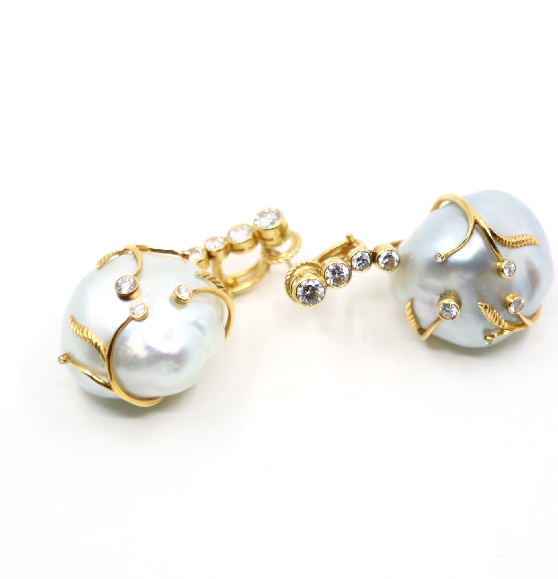 Harry Winston 18K Gold Large Baroque Pearl Diamond Earrings