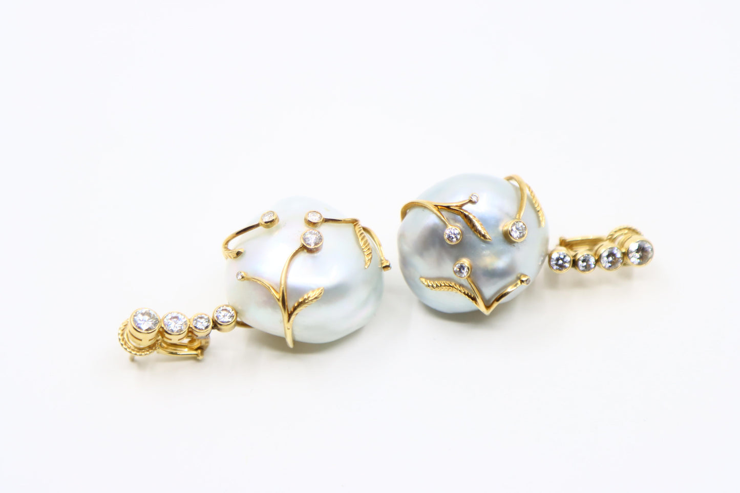 Harry Winston 18K Gold Large Baroque Pearl Diamond Earrings