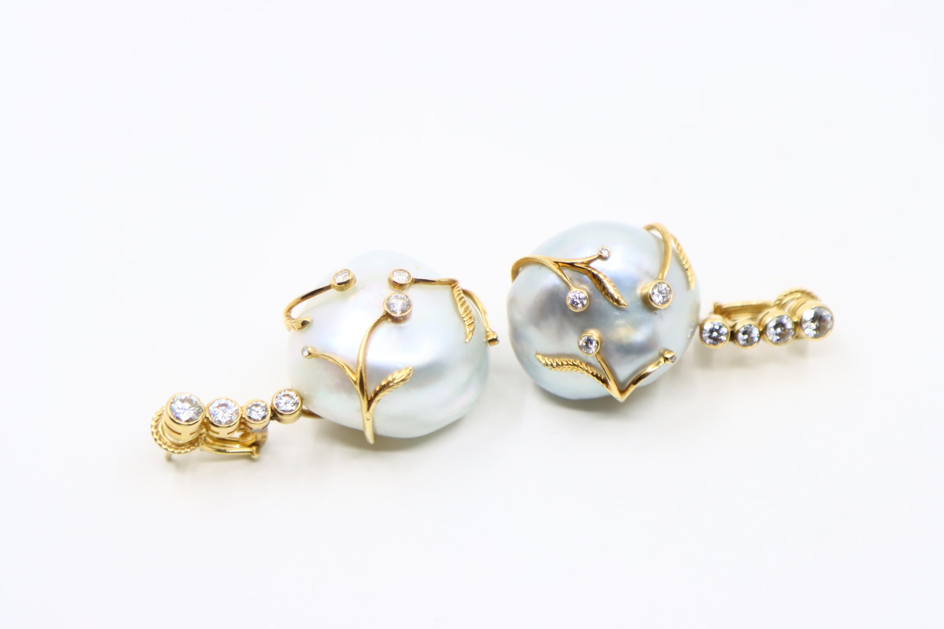 Harry Winston 18K Gold Large Baroque Pearl Diamond Earrings