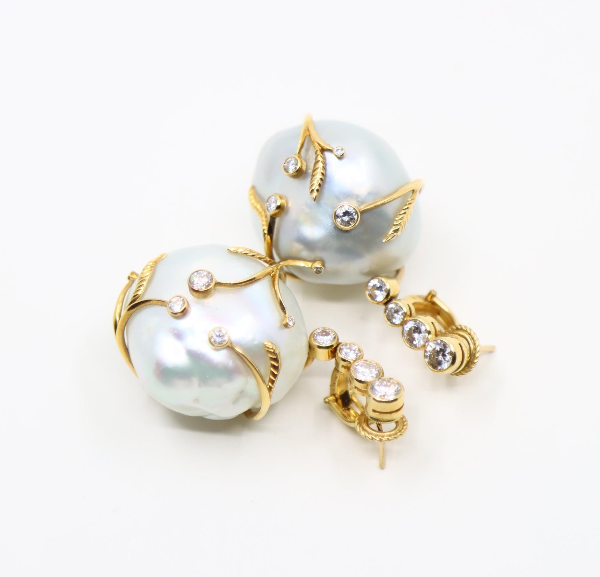 Harry Winston 18K Gold Large Baroque Pearl Diamond Earrings