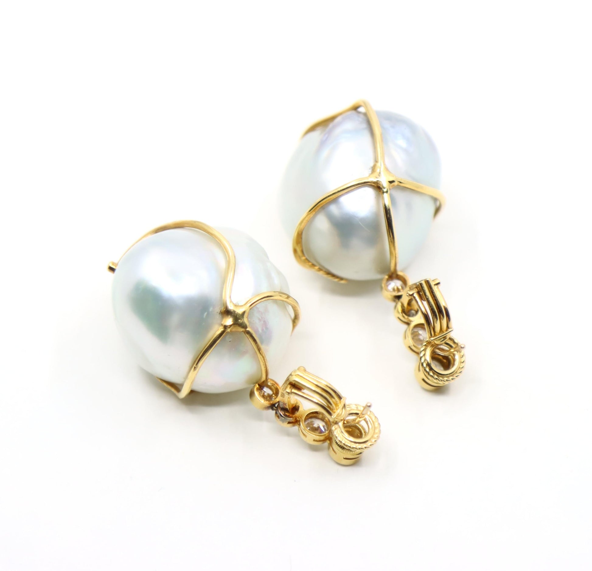 Harry Winston 18K Gold Large Baroque Pearl Diamond Earrings
