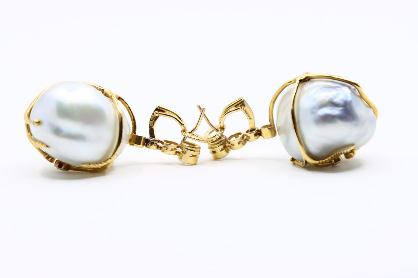 Harry Winston 18K Gold Large Baroque Pearl Diamond Earrings