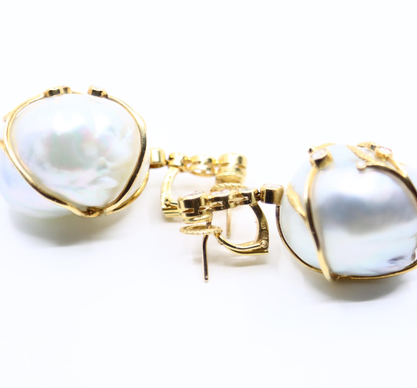Harry Winston 18K Gold Large Baroque Pearl Diamond Earrings