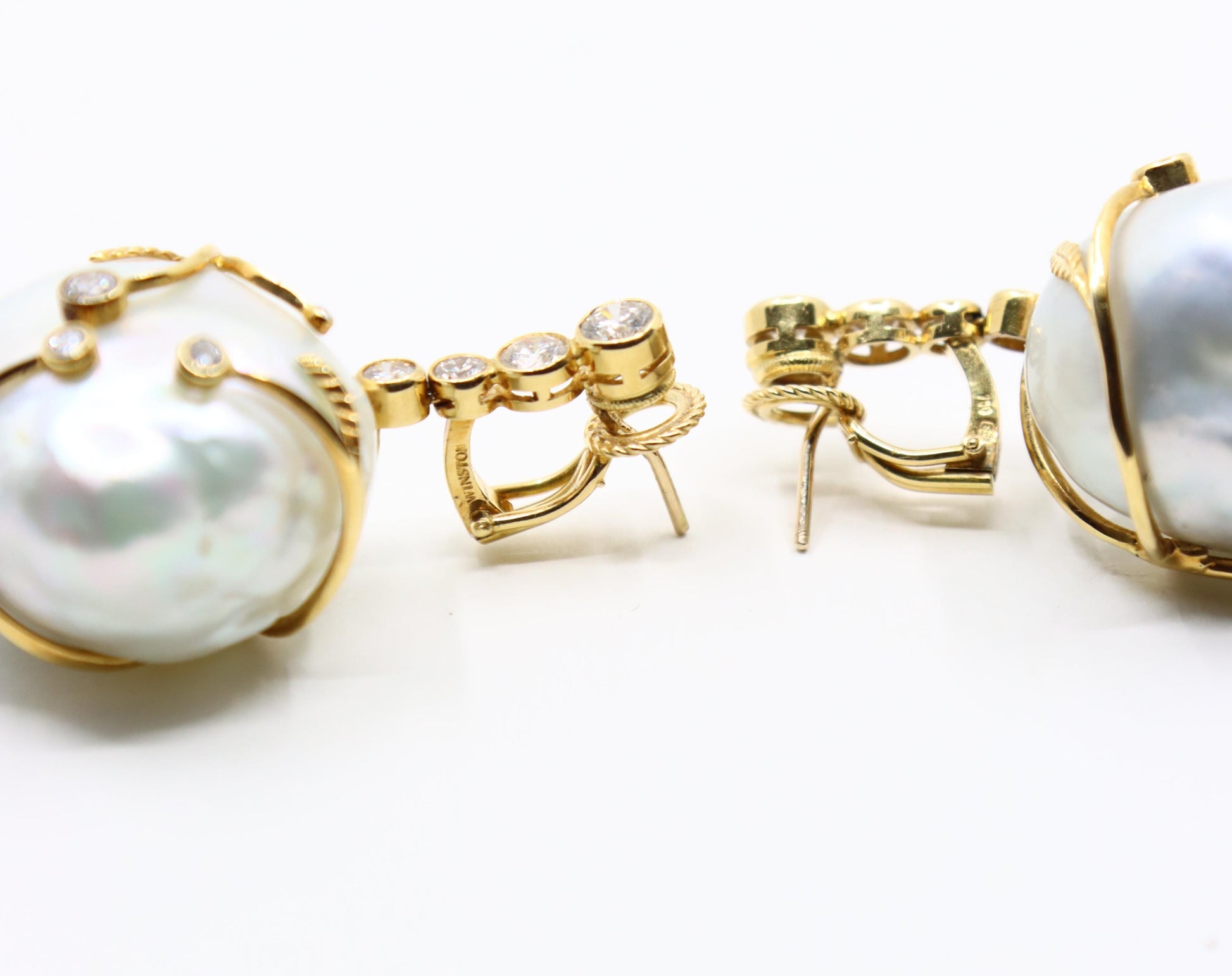 Harry Winston 18K Gold Large Baroque Pearl Diamond Earrings