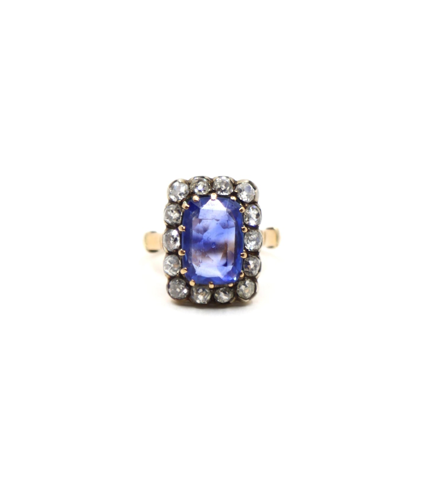 Antique 14K Gold Cushion Cut Sapphire Diamond Ring