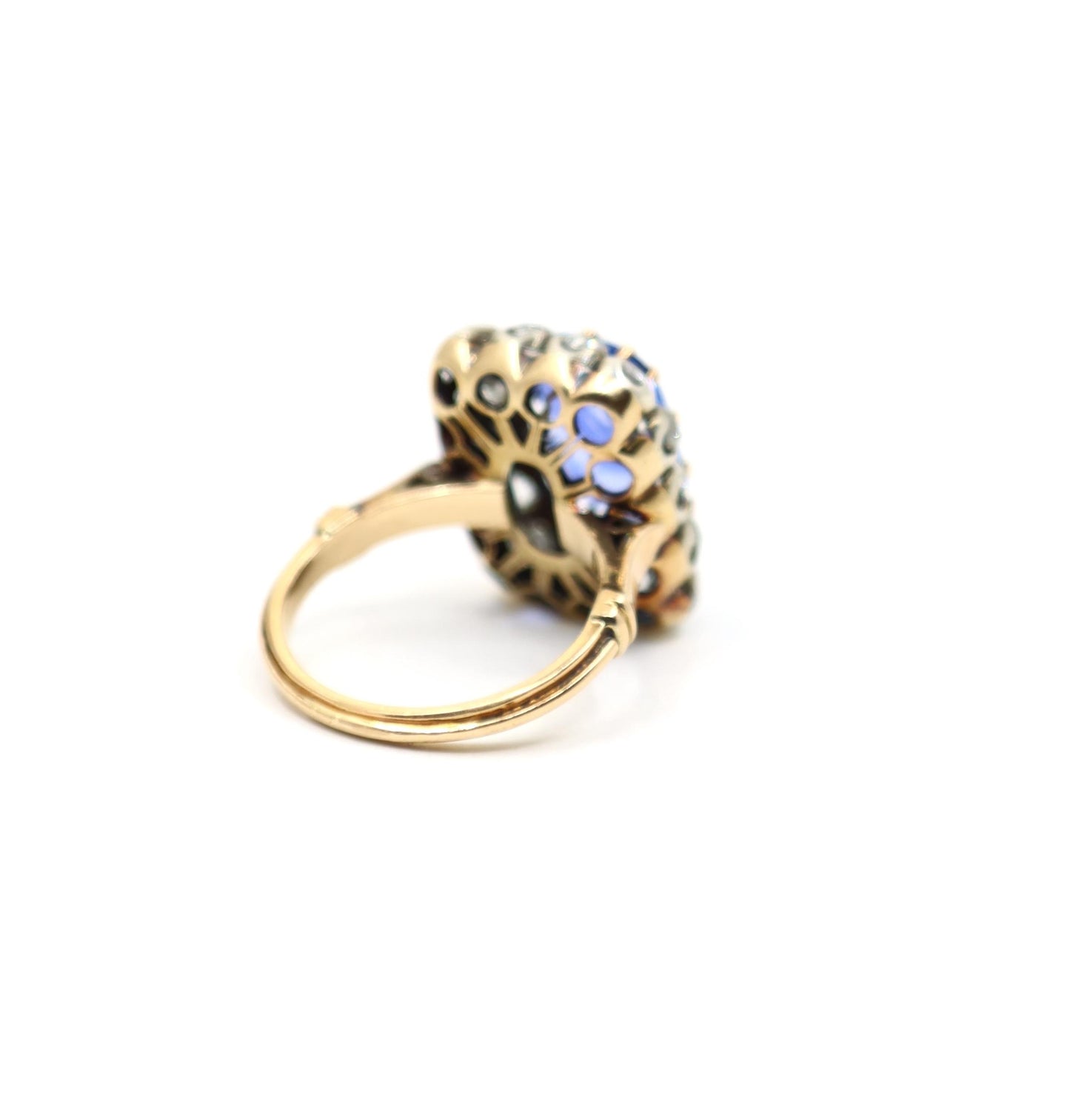 Antique 14K Gold Cushion Cut Sapphire Diamond Ring