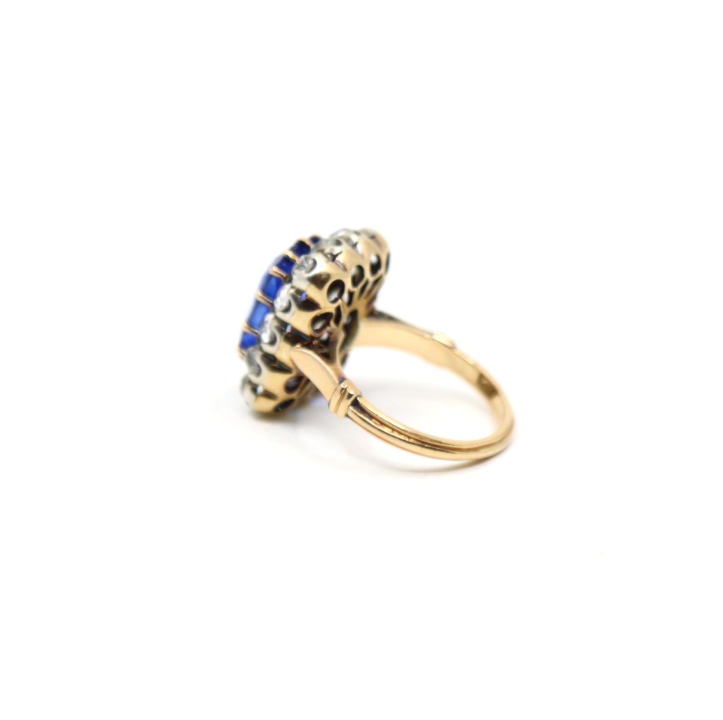 Antique 14K Gold Cushion Cut Sapphire Diamond Ring