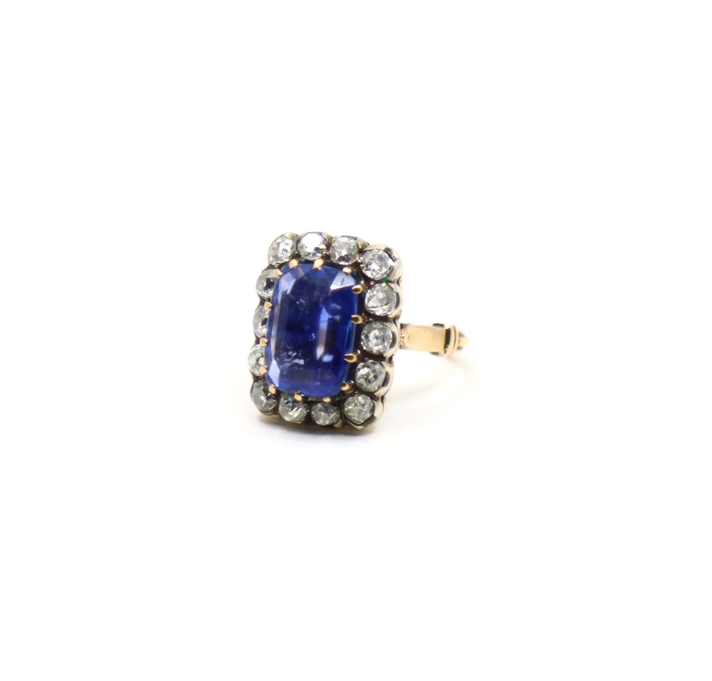 Antique 14K Gold Cushion Cut Sapphire Diamond Ring