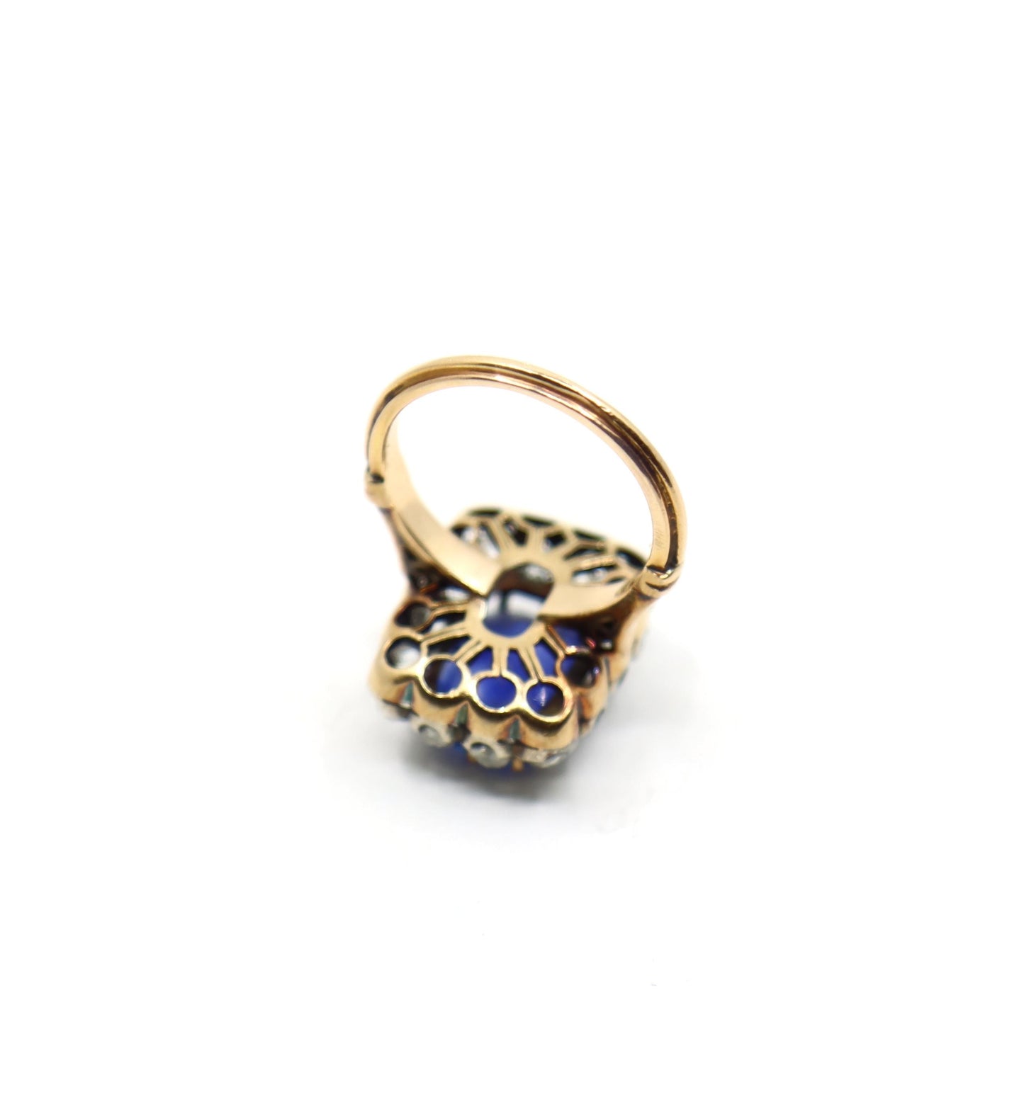 Antique 14K Gold Cushion Cut Sapphire Diamond Ring