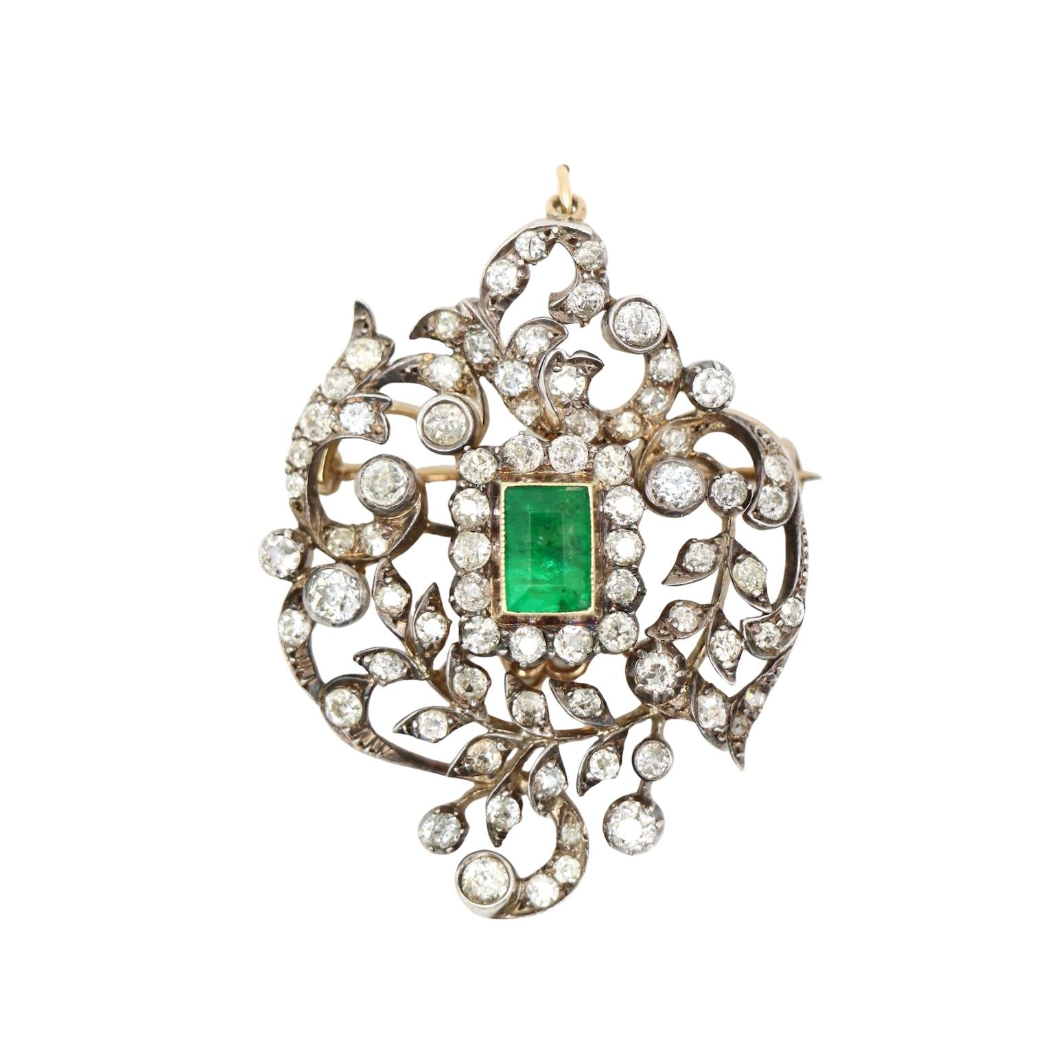 Antique Gold & Silver Emerald Diamonds Pendant Brooch