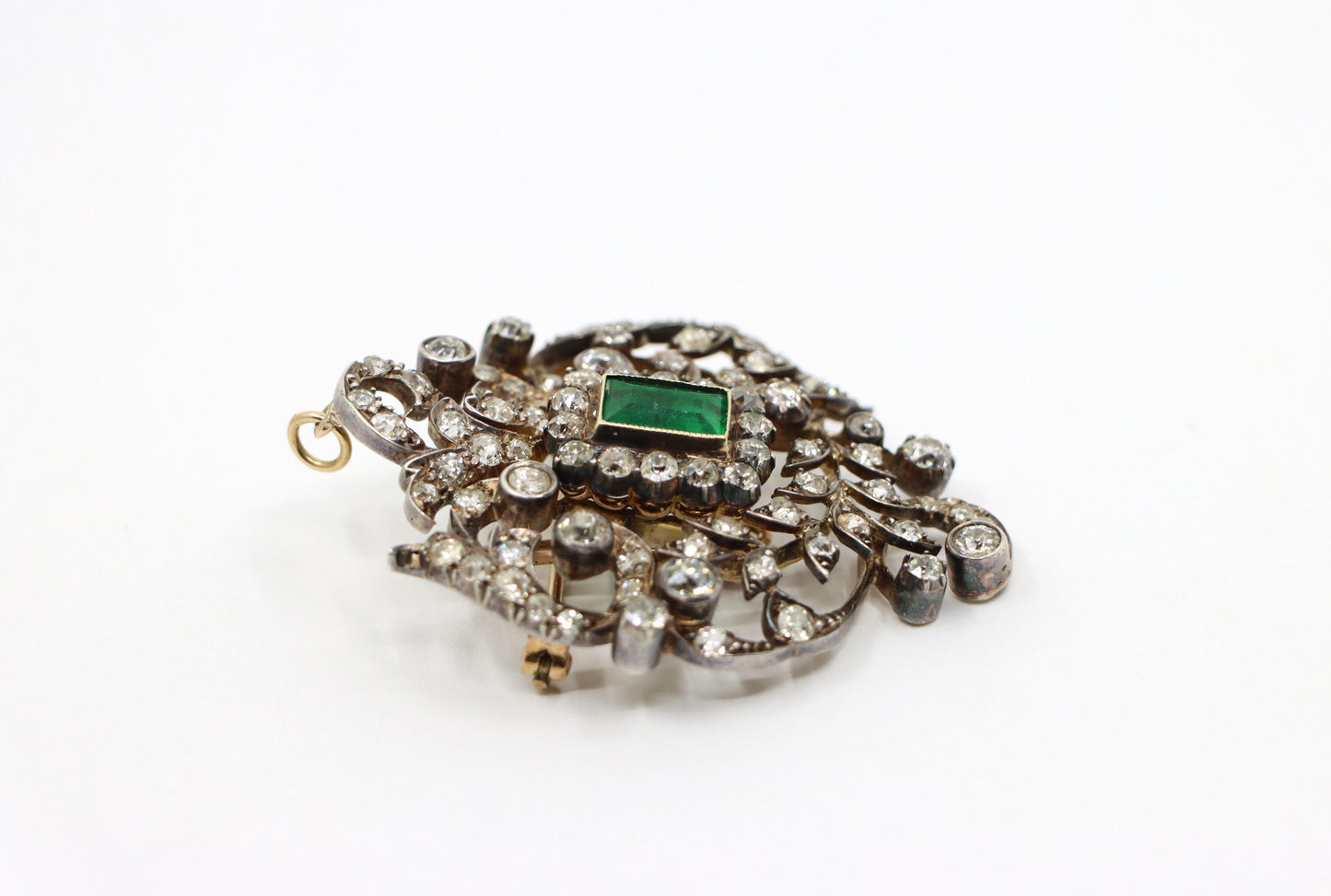 Antique Gold & Silver Emerald Diamonds Pendant Brooch