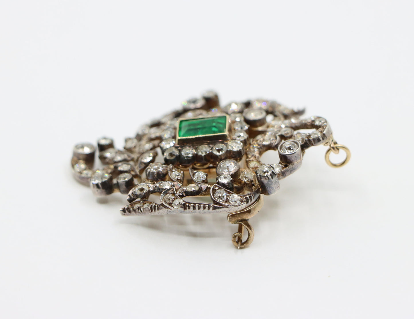 Antique Gold & Silver Emerald Diamonds Pendant Brooch