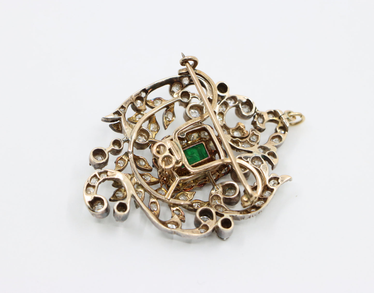 Antique Gold & Silver Emerald Diamonds Pendant Brooch