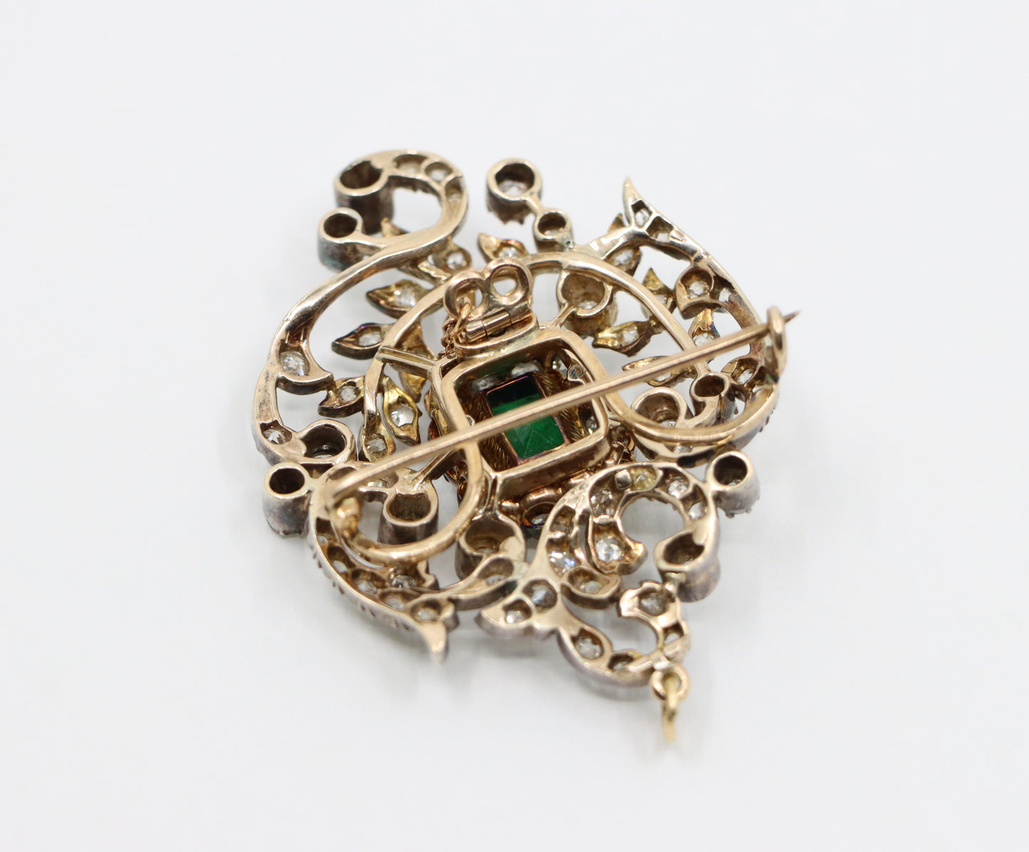 Antique Gold & Silver Emerald Diamonds Pendant Brooch