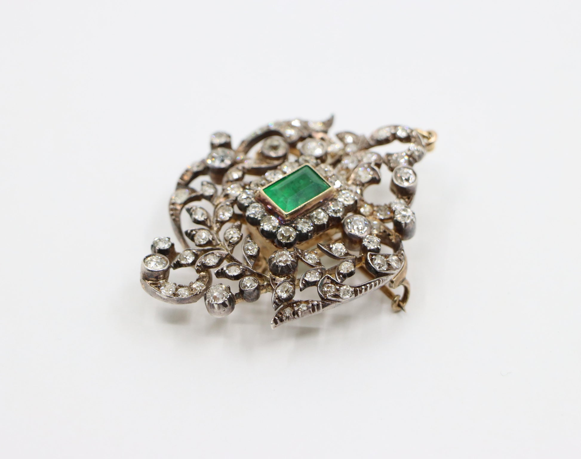 Antique Gold & Silver Emerald Diamonds Pendant Brooch