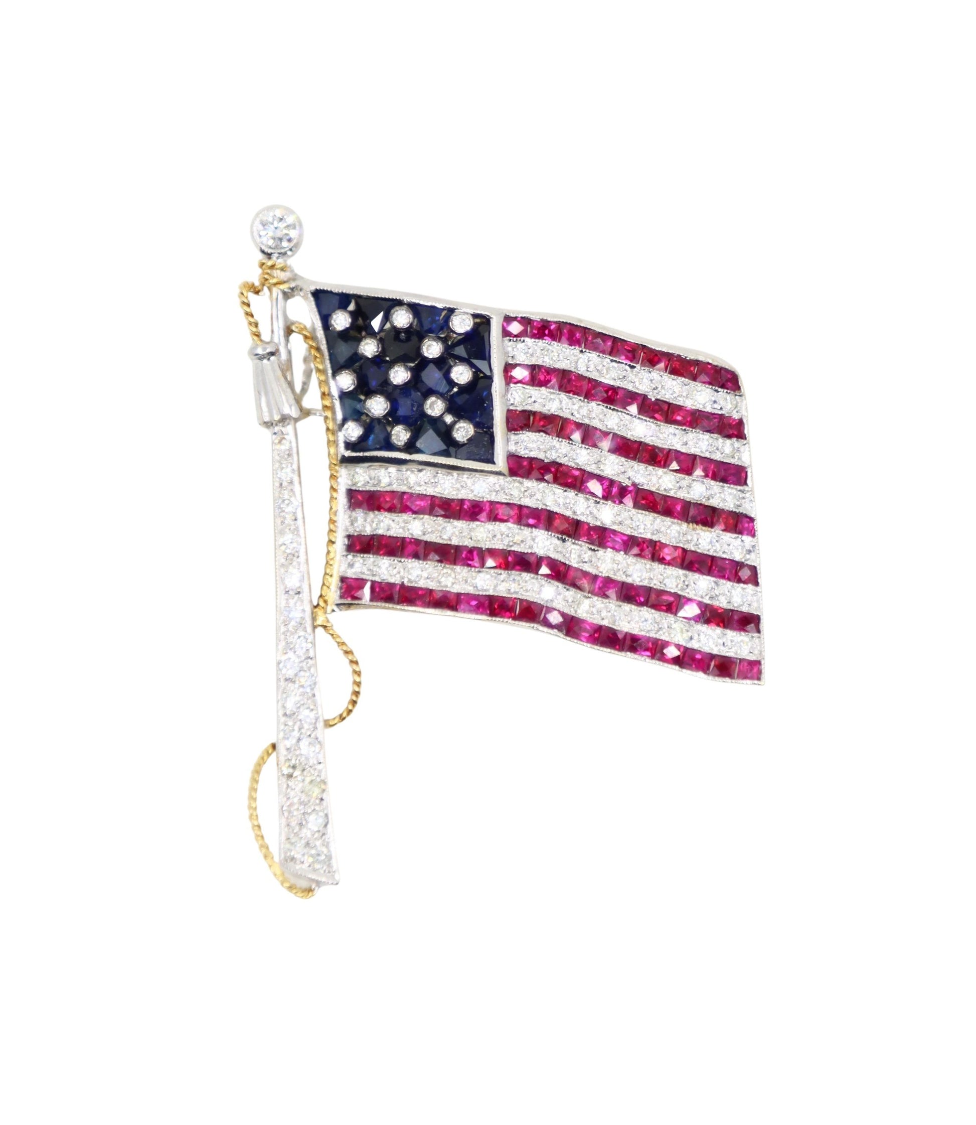 Vintage 18K White Gold Ruby Sapphire Diamonds America Flag Brooch