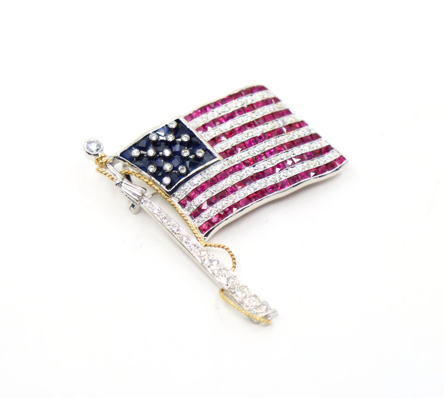 Vintage 18K White Gold Ruby Sapphire Diamonds America Flag Brooch