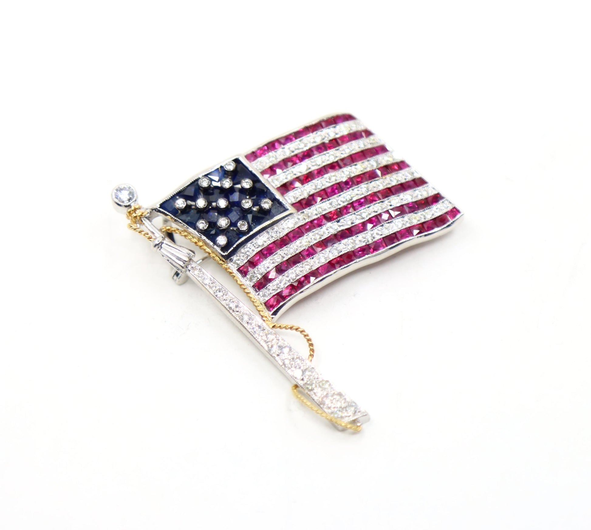 Vintage 18K White Gold Ruby Sapphire Diamonds America Flag Brooch