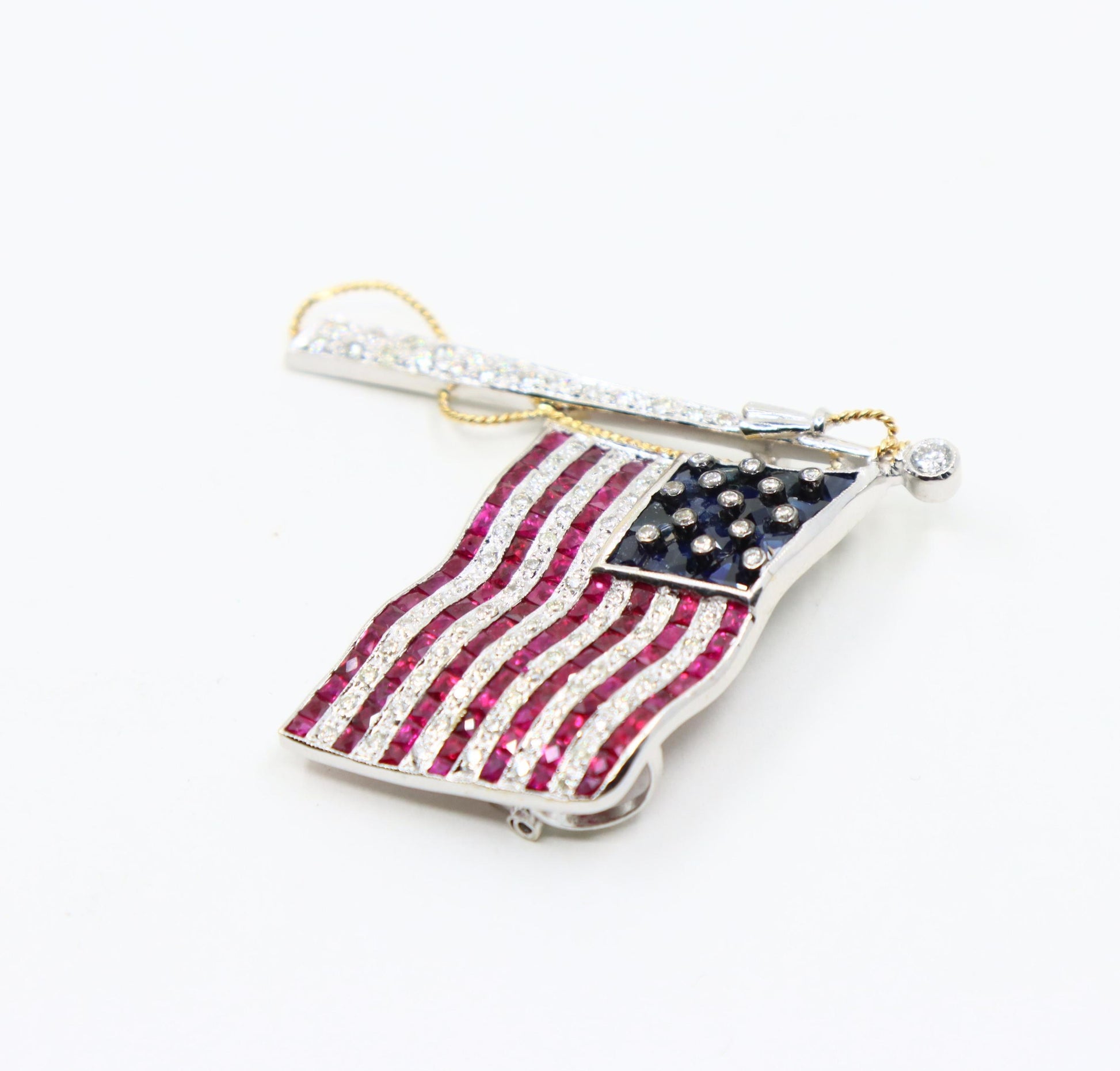 Vintage 18K White Gold Ruby Sapphire Diamonds America Flag Brooch