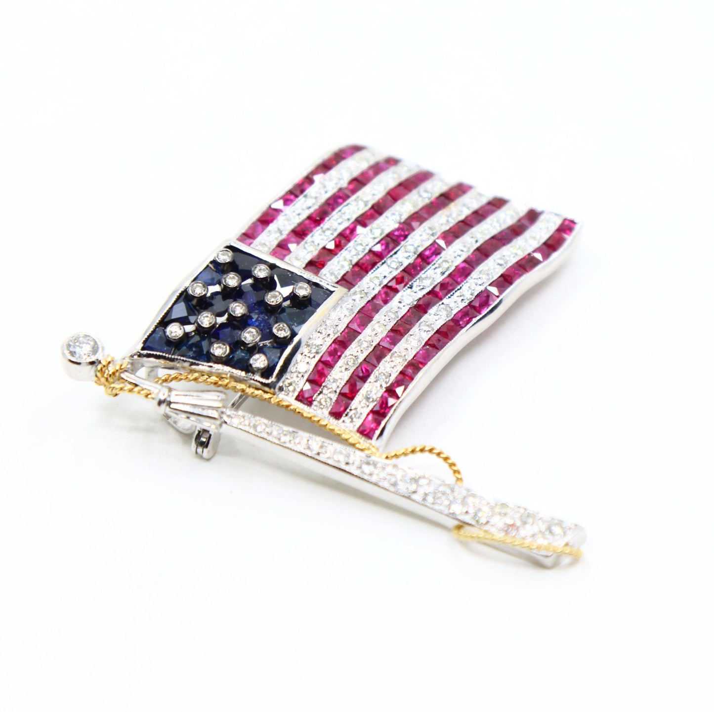 Vintage 18K White Gold Ruby Sapphire Diamonds America Flag Brooch