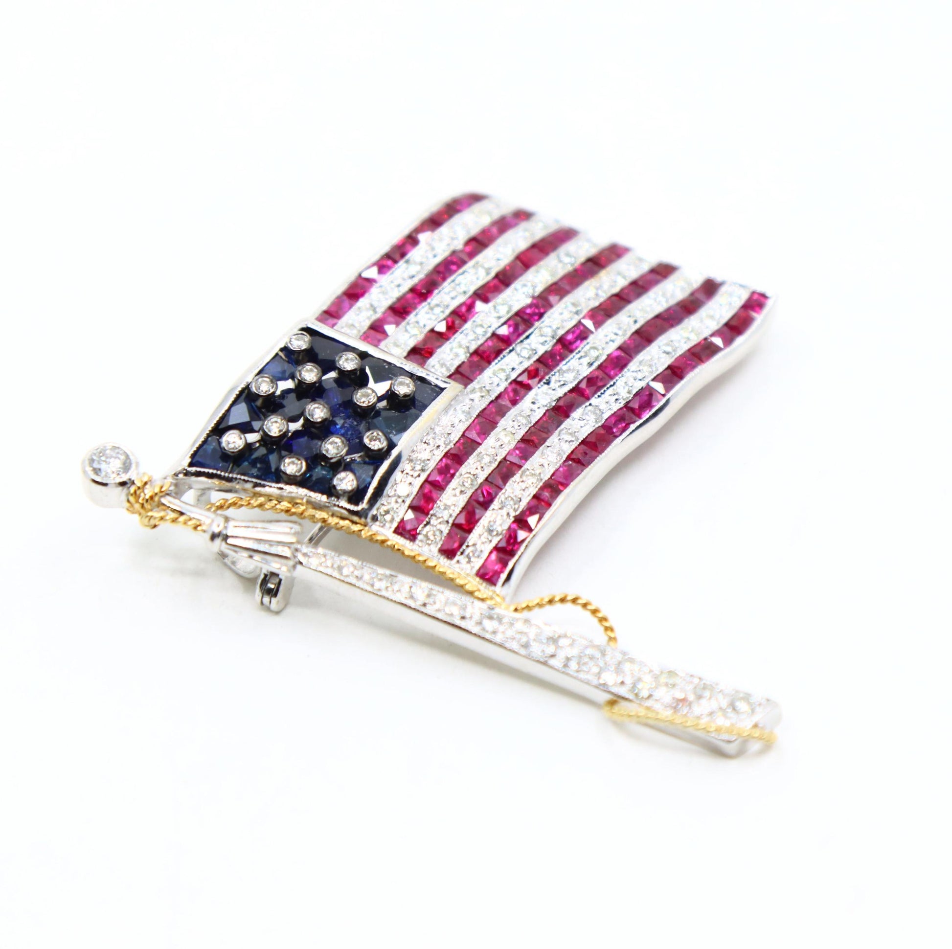 Vintage 18K White Gold Ruby Sapphire Diamonds America Flag Brooch