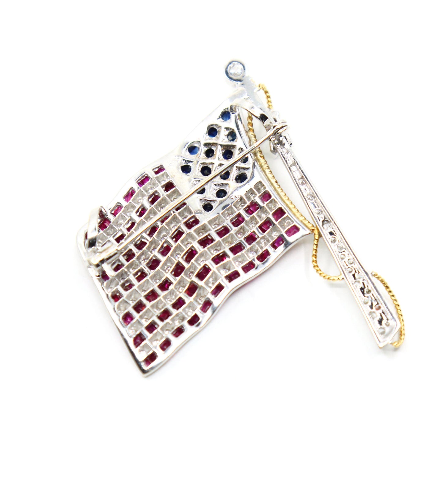Vintage 18K White Gold Ruby Sapphire Diamonds America Flag Brooch