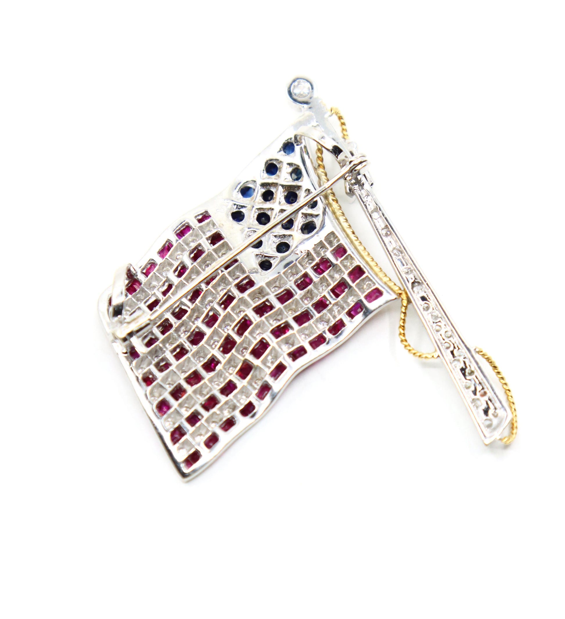 Vintage 18K White Gold Ruby Sapphire Diamonds America Flag Brooch